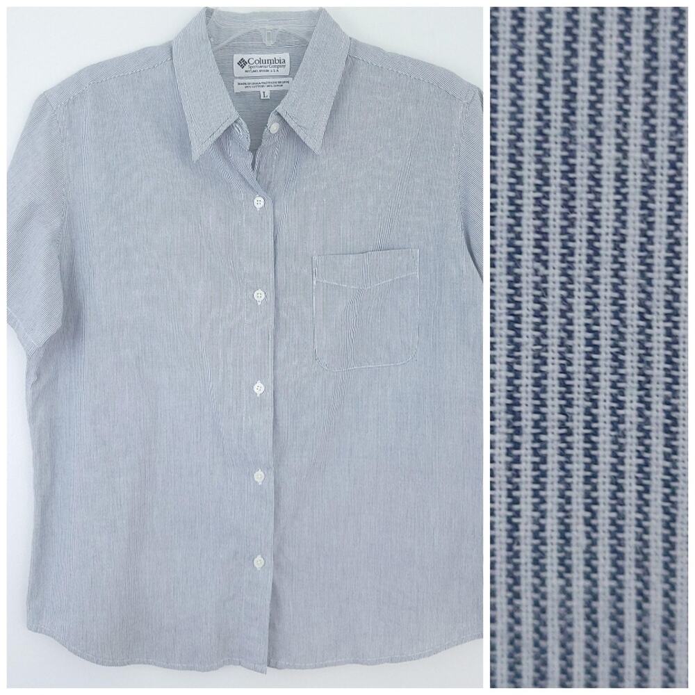 Columbia Short Sleeve Button Up Shirt Women Large, Cotton Stripe Top Hiking